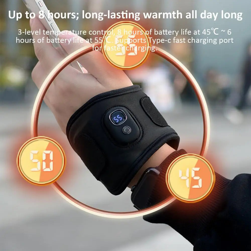 USB Rechargeable Heated Wrist Warmer Bracelet – Digital Display Electric Hand Warmer for Winter Work